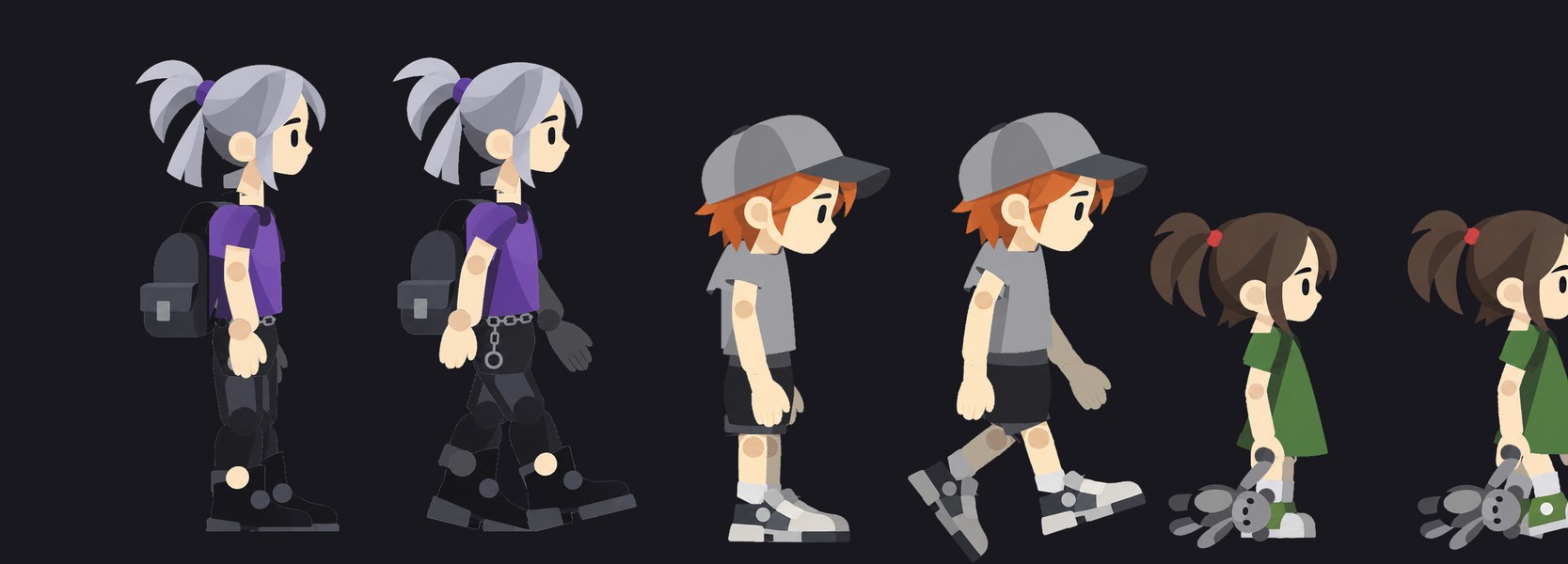 Sashi, Eiji and Yoshiko standing and walking, Yoshiko dragging her teddy bear Theo