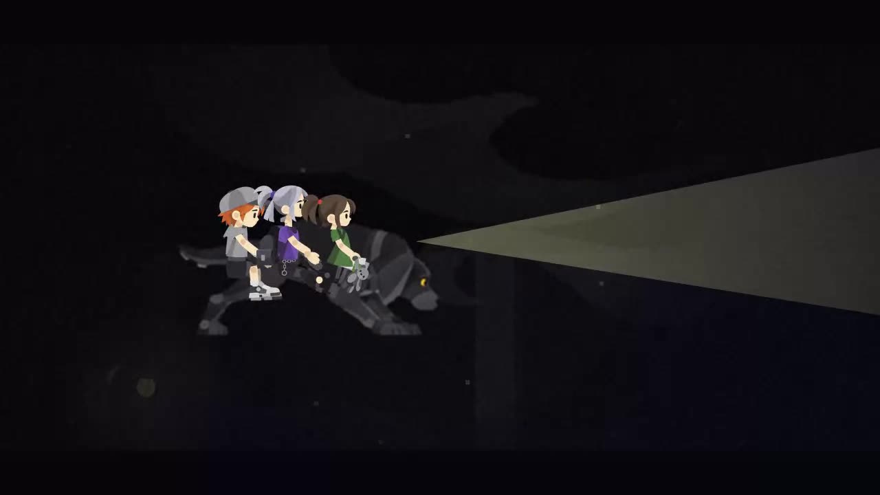The children riding a large black dog whose eyes light the tunnel