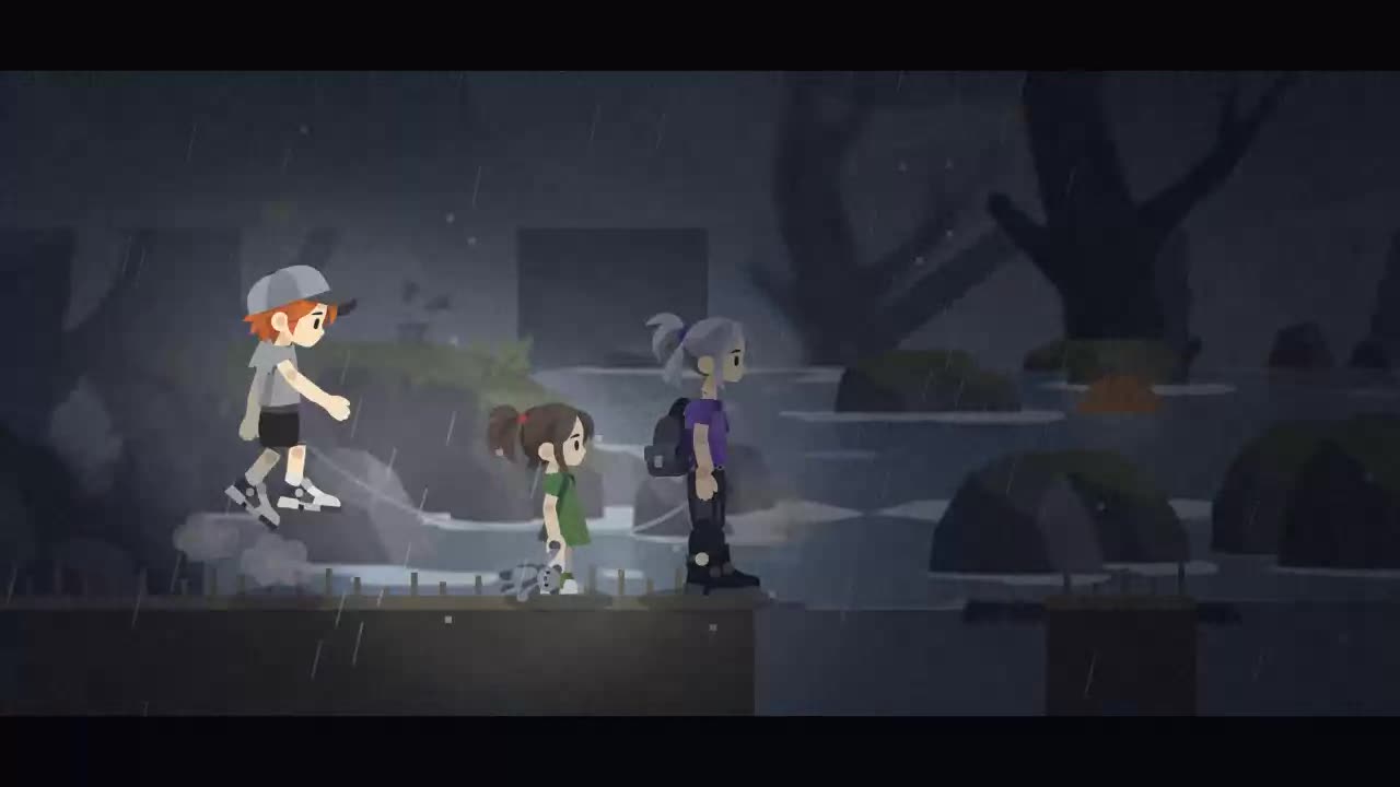 The three children chained together in the rain beside a river